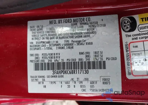 2011 Ford Fusion Sport из США, поврежденный, VIN 3FAHP0KC6BR117130